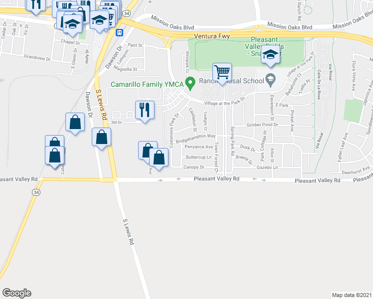 map of restaurants, bars, coffee shops, grocery stores, and more near 3130 Penzance Avenue in Camarillo