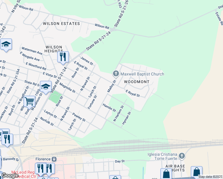 map of restaurants, bars, coffee shops, grocery stores, and more near 1104 Malloy Street in Florence