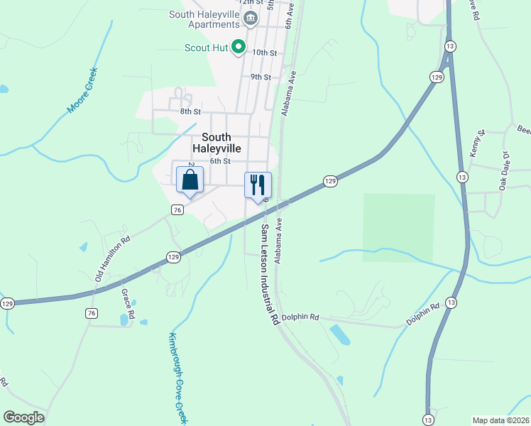 map of restaurants, bars, coffee shops, grocery stores, and more near 295 Alabama Avenue in Haleyville