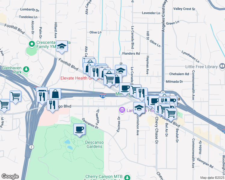 map of restaurants, bars, coffee shops, grocery stores, and more near 346 Lasheart Drive in La Cañada Flintridge