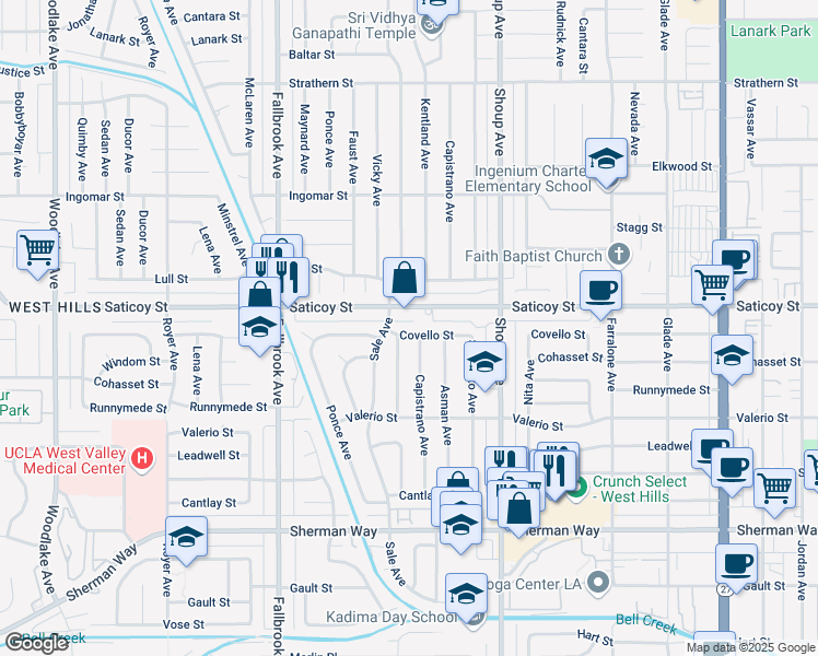 map of restaurants, bars, coffee shops, grocery stores, and more near 22545 Covello Street in Los Angeles
