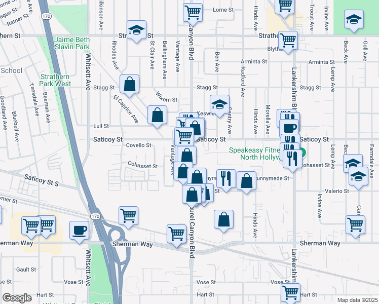 map of restaurants, bars, coffee shops, grocery stores, and more near 7537 Laurel Canyon Boulevard in Los Angeles