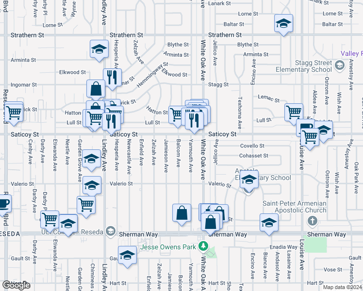 map of restaurants, bars, coffee shops, grocery stores, and more near 7534 Balcom Avenue in Los Angeles