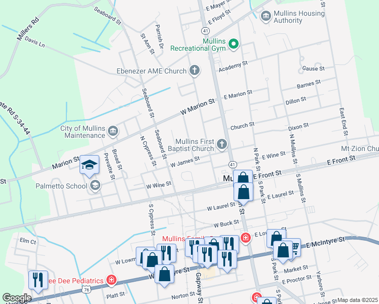 map of restaurants, bars, coffee shops, grocery stores, and more near 303 Bay Street in Mullins