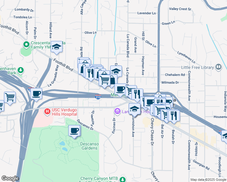 map of restaurants, bars, coffee shops, grocery stores, and more near 1313 Foothill Boulevard in La Cañada Flintridge