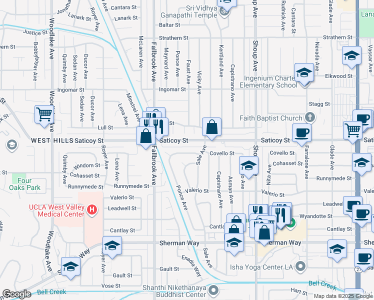 map of restaurants, bars, coffee shops, grocery stores, and more near 22637 Covello Street in Los Angeles
