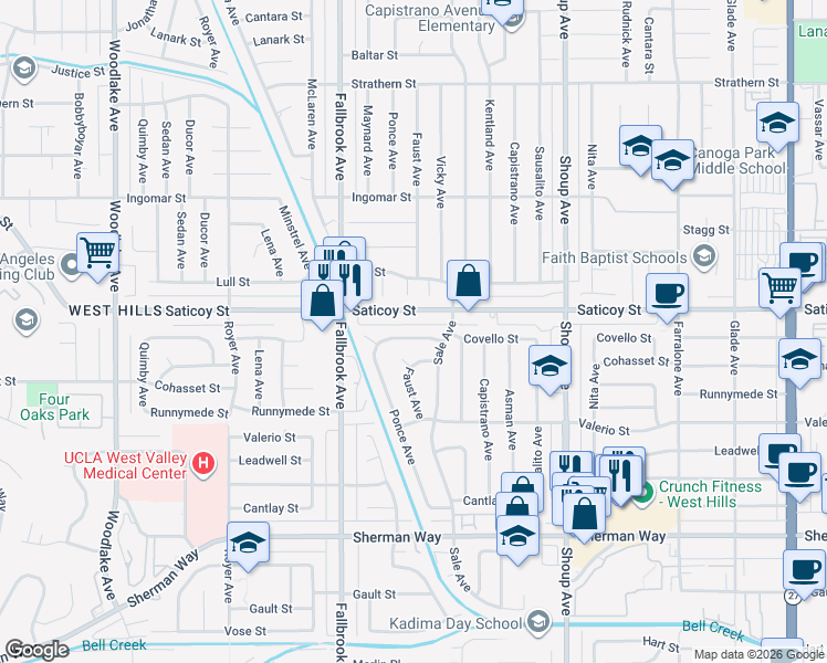 map of restaurants, bars, coffee shops, grocery stores, and more near 22637 Covello Street in Los Angeles