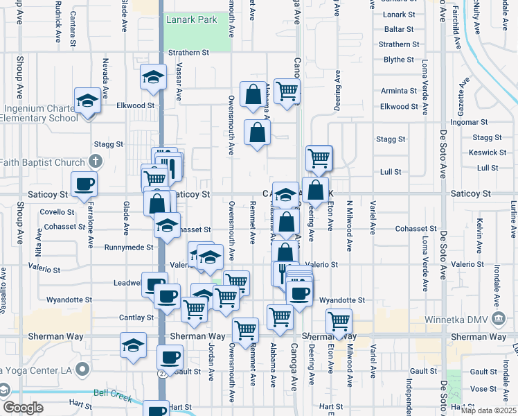 map of restaurants, bars, coffee shops, grocery stores, and more near 7538 Remmet Avenue in Los Angeles