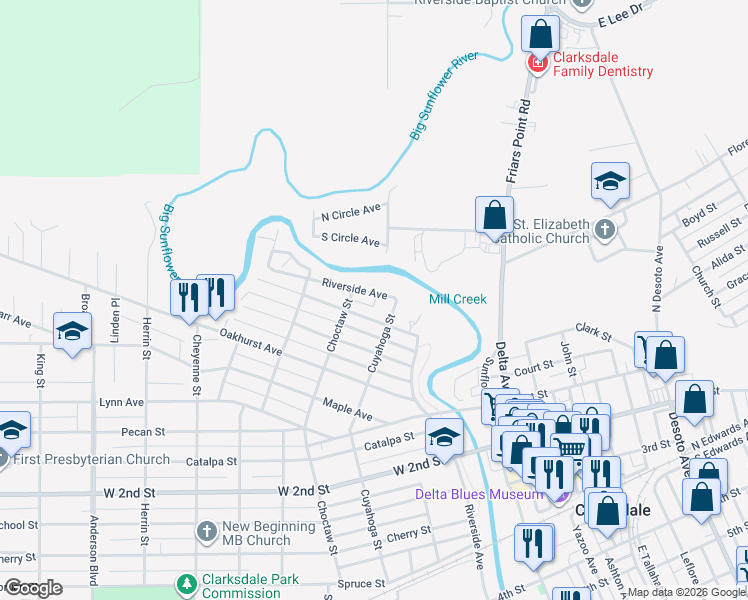 map of restaurants, bars, coffee shops, grocery stores, and more near 1717 Riverside Avenue in Clarksdale