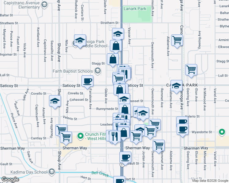 map of restaurants, bars, coffee shops, grocery stores, and more near 22027 Covello Street in Los Angeles