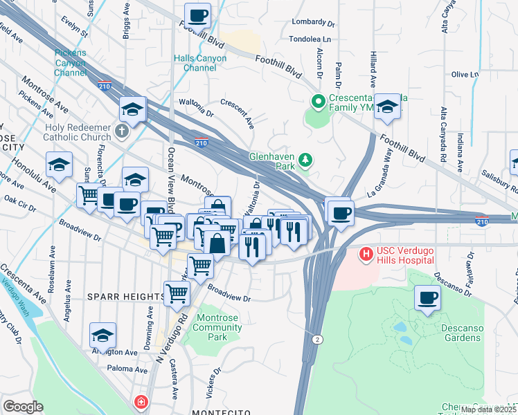 map of restaurants, bars, coffee shops, grocery stores, and more near 1949 Waltonia Drive in La Crescenta-Montrose