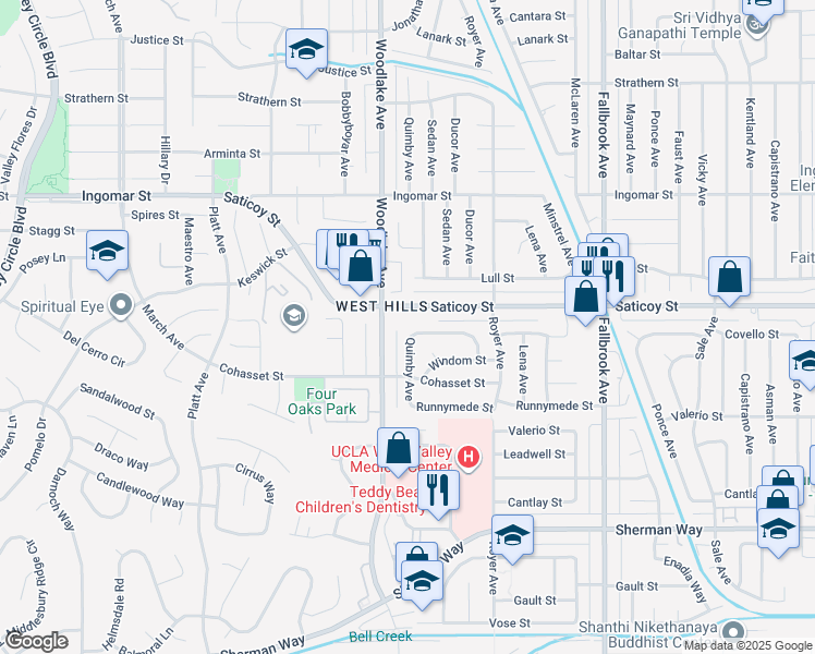 map of restaurants, bars, coffee shops, grocery stores, and more near 7551 Quimby Avenue in Los Angeles