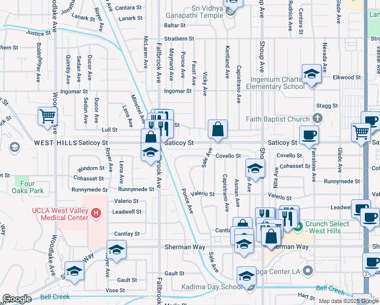map of restaurants, bars, coffee shops, grocery stores, and more near 22701 Covello Street in Los Angeles