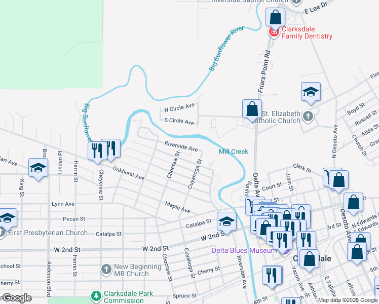 map of restaurants, bars, coffee shops, grocery stores, and more near 239 Cypress Avenue in Clarksdale