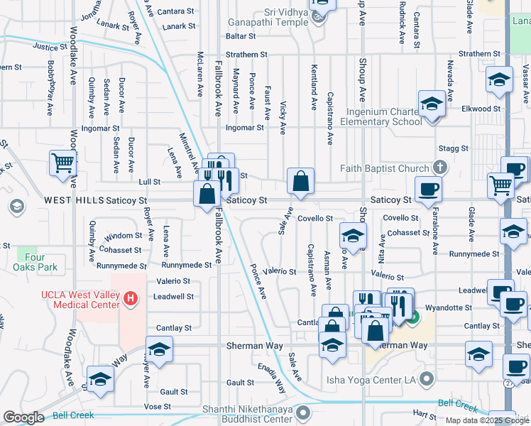 map of restaurants, bars, coffee shops, grocery stores, and more near 22637 Covello Street in Los Angeles