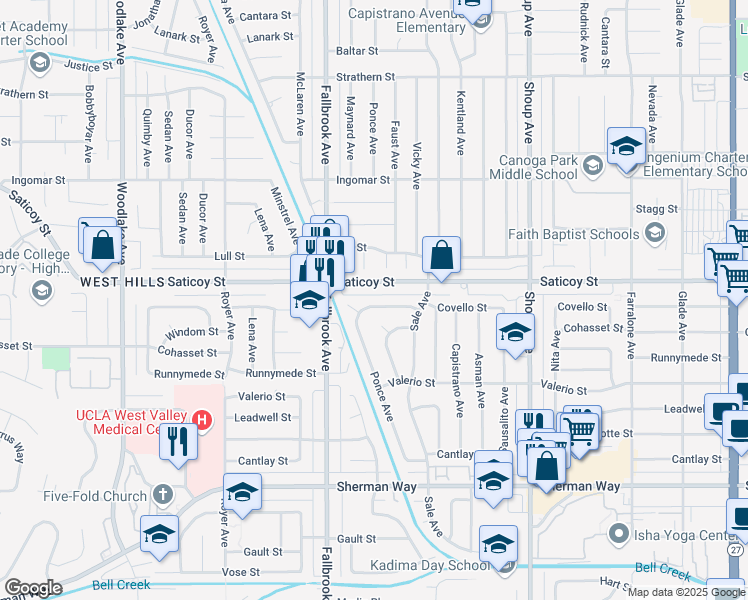 map of restaurants, bars, coffee shops, grocery stores, and more near 22701 Covello Street in Los Angeles