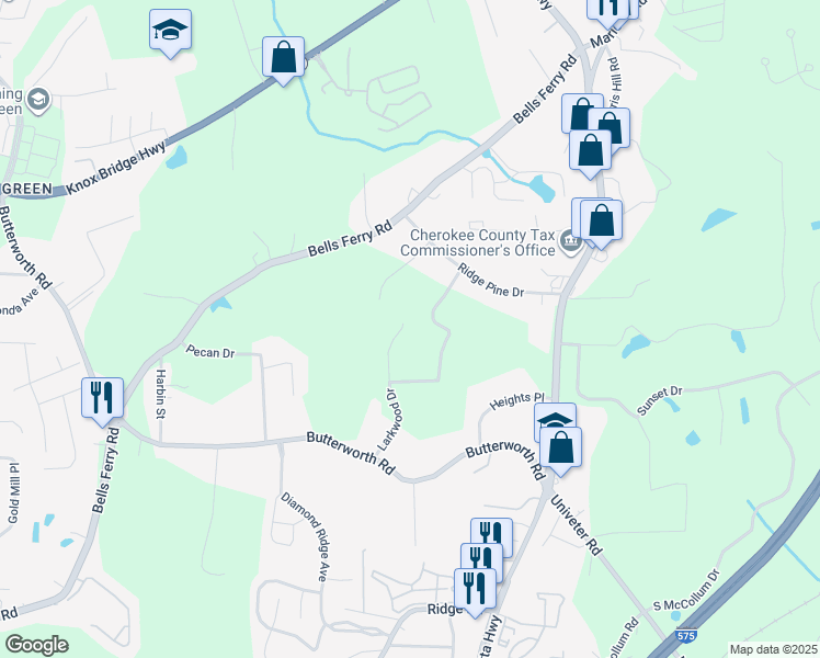 map of restaurants, bars, coffee shops, grocery stores, and more near 1590 Larkwood Drive in Canton
