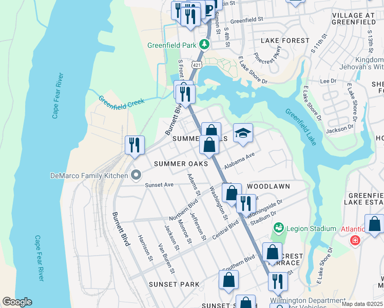 map of restaurants, bars, coffee shops, grocery stores, and more near 1908 Washington Street in Wilmington