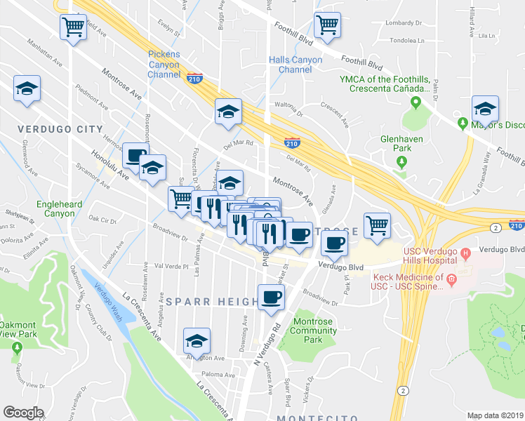 map of restaurants, bars, coffee shops, grocery stores, and more near 2315 Florencita Drive West in La Crescenta-Montrose