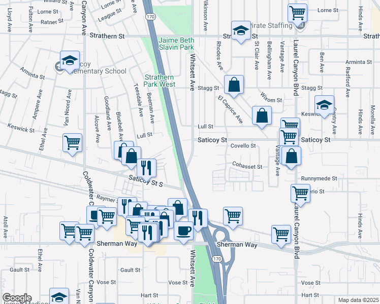map of restaurants, bars, coffee shops, grocery stores, and more near 7545 Whitsett Avenue in Los Angeles