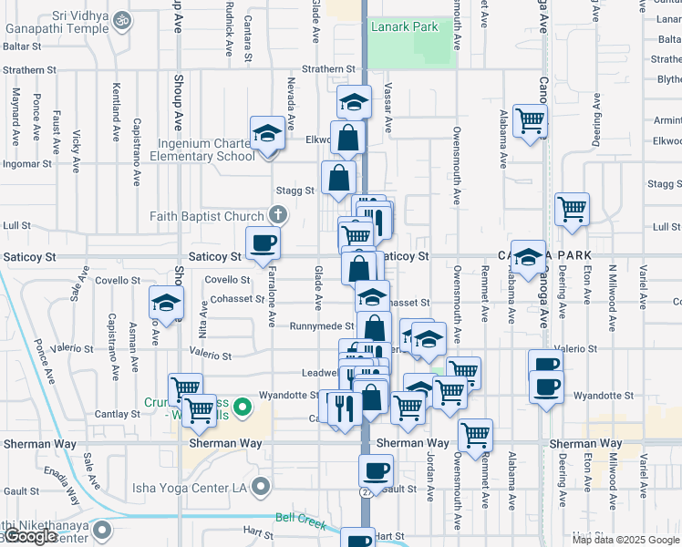 map of restaurants, bars, coffee shops, grocery stores, and more near 7560 Topanga Canyon Boulevard in Los Angeles