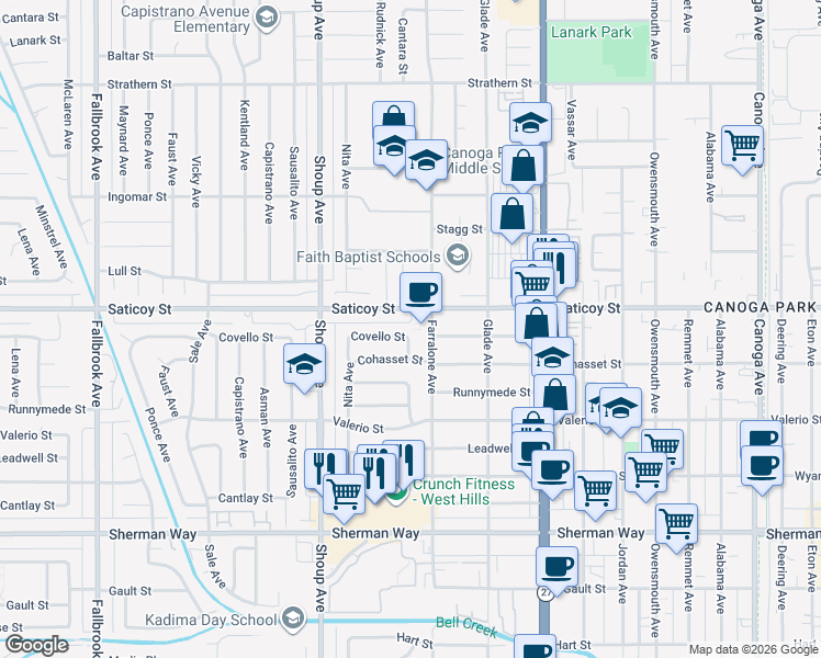 map of restaurants, bars, coffee shops, grocery stores, and more near 22229 Covello Street in Los Angeles