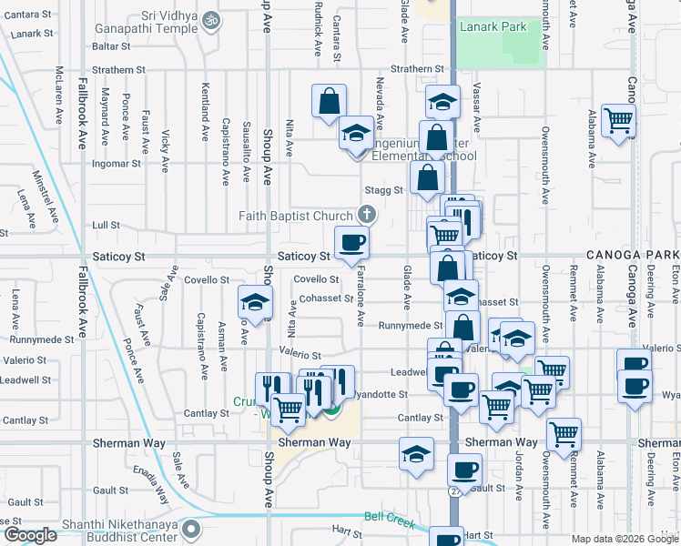 map of restaurants, bars, coffee shops, grocery stores, and more near 22229 Covello Street in Los Angeles