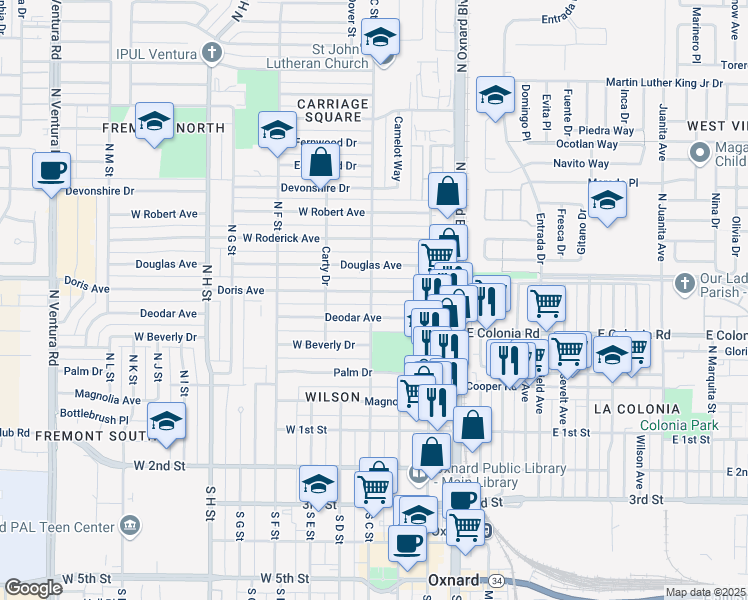 map of restaurants, bars, coffee shops, grocery stores, and more near 530 North C Street in Oxnard