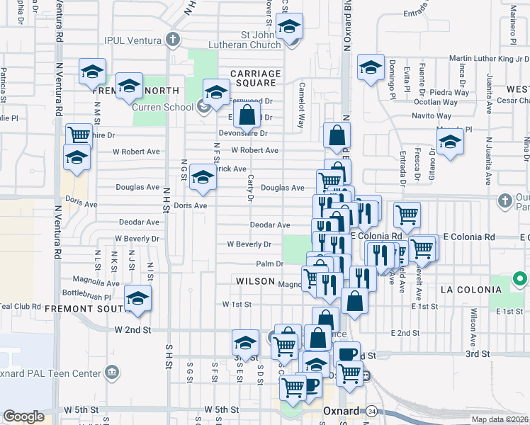 map of restaurants, bars, coffee shops, grocery stores, and more near 458 Doris Avenue in Oxnard
