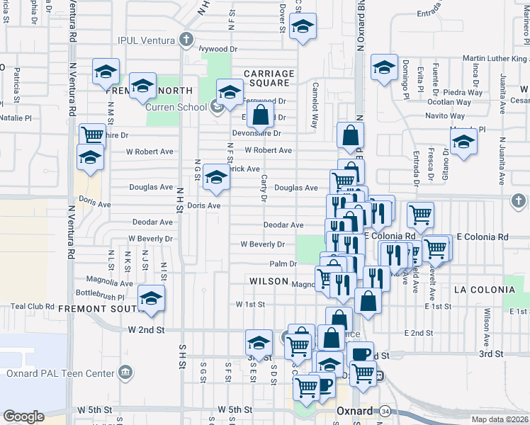 map of restaurants, bars, coffee shops, grocery stores, and more near 458 Doris Avenue in Oxnard