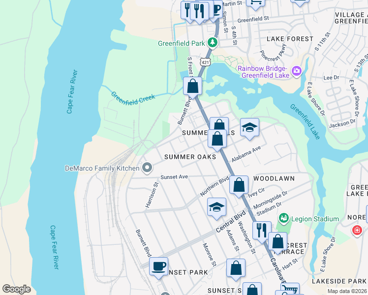 map of restaurants, bars, coffee shops, grocery stores, and more near 302-306 North Carolina Avenue in Wilmington