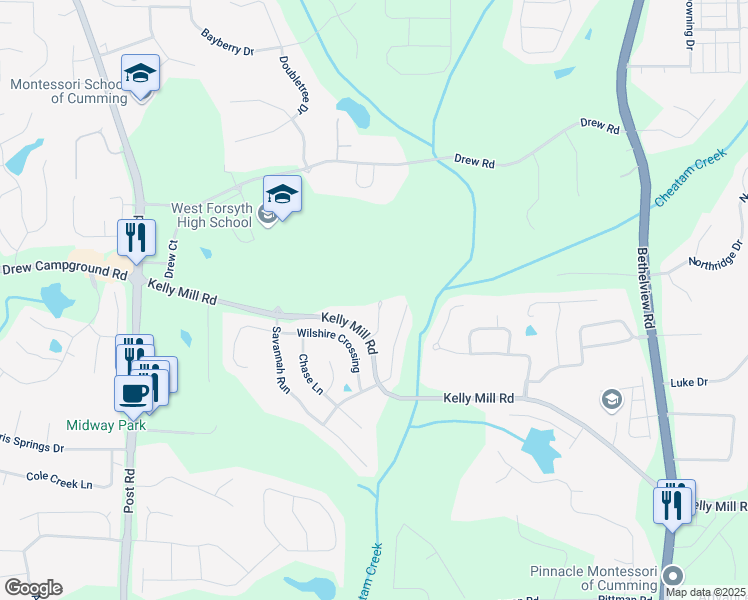 map of restaurants, bars, coffee shops, grocery stores, and more near 4935 Wil Ray Lane in Cumming