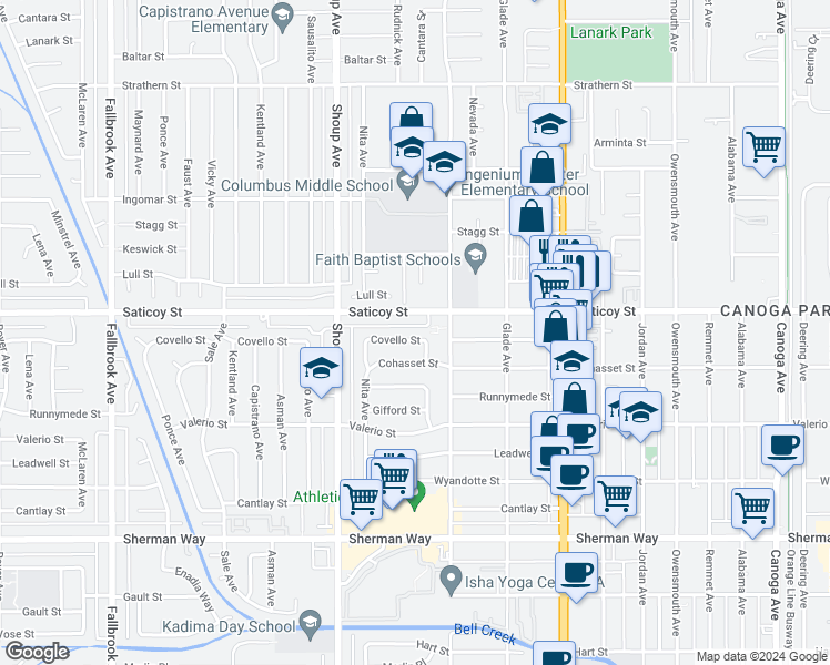 map of restaurants, bars, coffee shops, grocery stores, and more near 22239 Covello Street in Los Angeles
