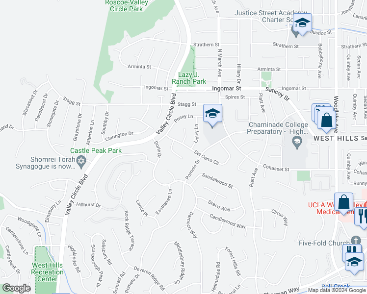 map of restaurants, bars, coffee shops, grocery stores, and more near 23846 Del Cerro Circle in Los Angeles