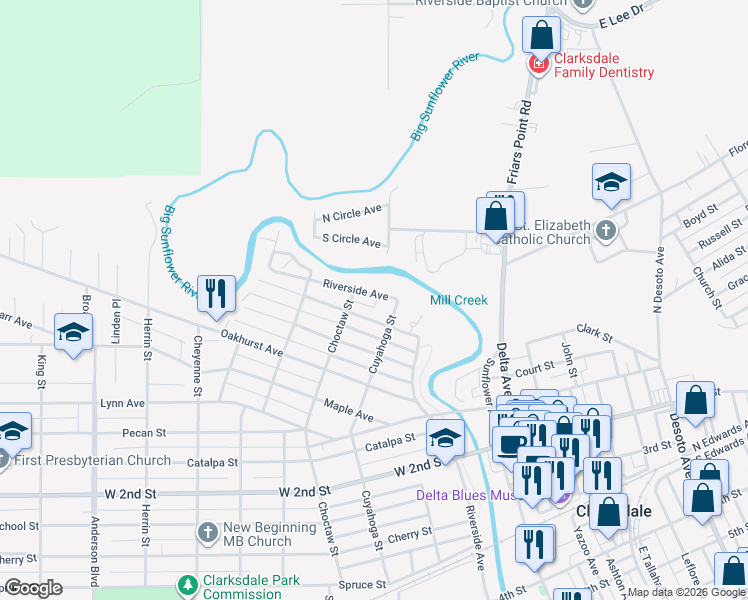 map of restaurants, bars, coffee shops, grocery stores, and more near 1717 Riverside Avenue in Clarksdale