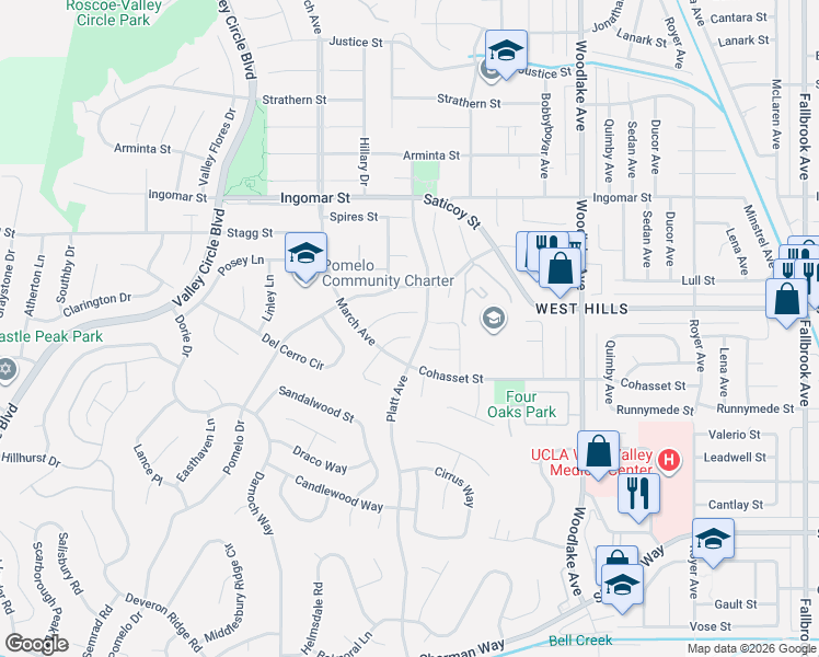 map of restaurants, bars, coffee shops, grocery stores, and more near 23403 Windom Street in Los Angeles