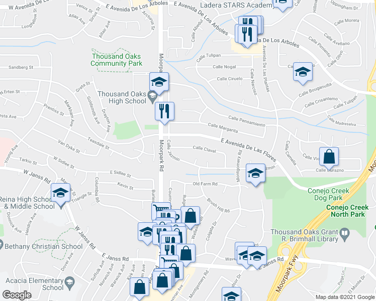 map of restaurants, bars, coffee shops, grocery stores, and more near 710 Calle Clavel in Thousand Oaks