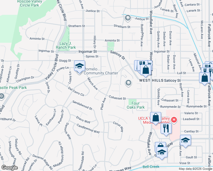 map of restaurants, bars, coffee shops, grocery stores, and more near 23411 Windom Street in Los Angeles