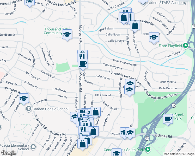 map of restaurants, bars, coffee shops, grocery stores, and more near 710 Calle Clavel in Thousand Oaks