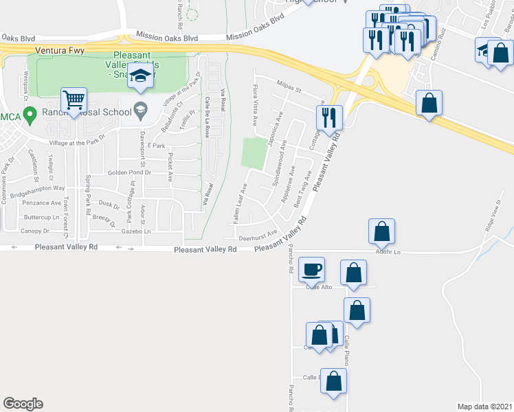 map of restaurants, bars, coffee shops, grocery stores, and more near 437 Appletree Avenue in Camarillo