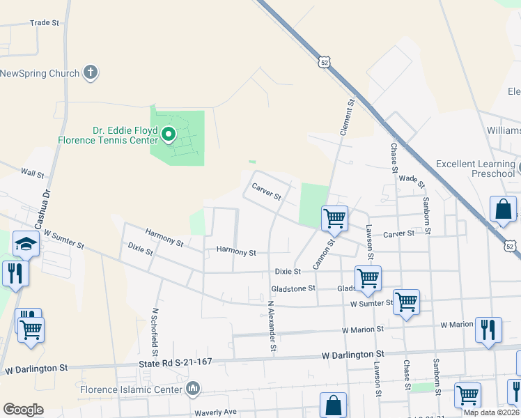 map of restaurants, bars, coffee shops, grocery stores, and more near 1012 Ingram Street in Florence