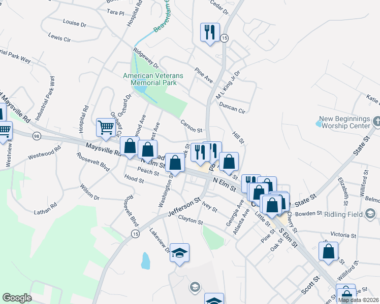map of restaurants, bars, coffee shops, grocery stores, and more near 57 Park Street in Commerce