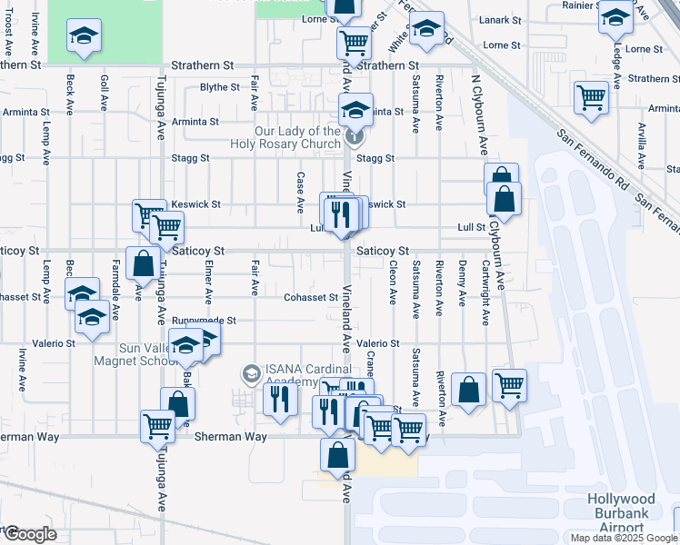 map of restaurants, bars, coffee shops, grocery stores, and more near 7533 Vineland Avenue in Los Angeles