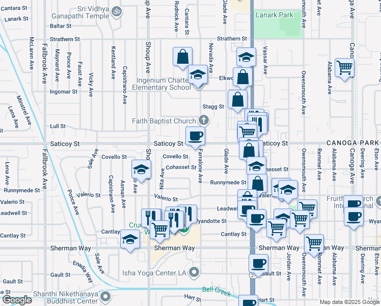 map of restaurants, bars, coffee shops, grocery stores, and more near Covello Street in Los Angeles