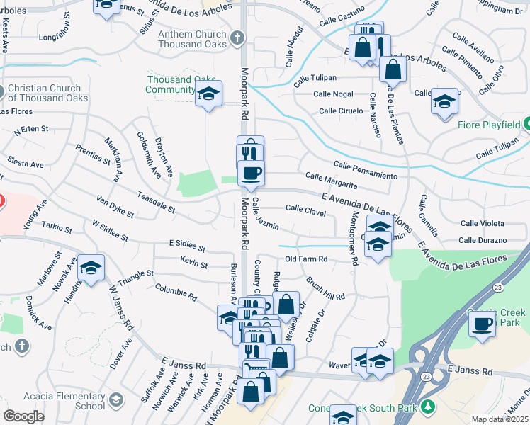 map of restaurants, bars, coffee shops, grocery stores, and more near 640 Calle Clavel in Thousand Oaks