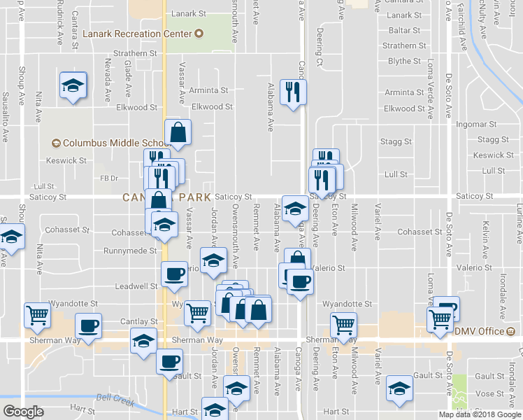 map of restaurants, bars, coffee shops, grocery stores, and more near 7538 Remmet Avenue in Los Angeles