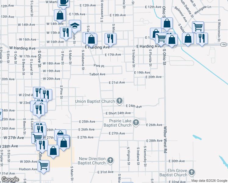 map of restaurants, bars, coffee shops, grocery stores, and more near 2201 South Louisiana Street in Pine Bluff