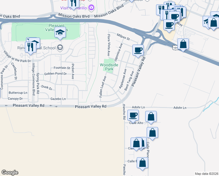 map of restaurants, bars, coffee shops, grocery stores, and more near 437 Appletree Avenue in Camarillo