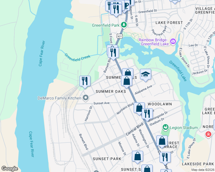 map of restaurants, bars, coffee shops, grocery stores, and more near 302-306 North Carolina Avenue in Wilmington