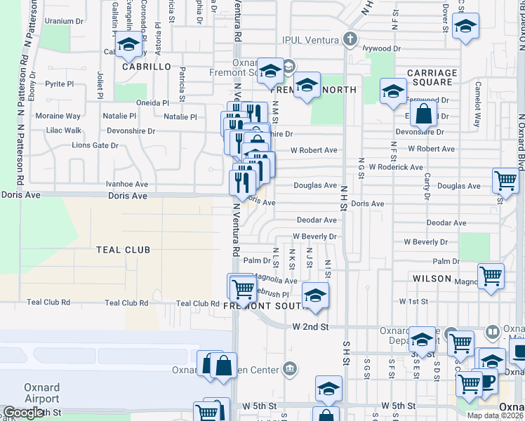 map of restaurants, bars, coffee shops, grocery stores, and more near 540 North N Street in Oxnard